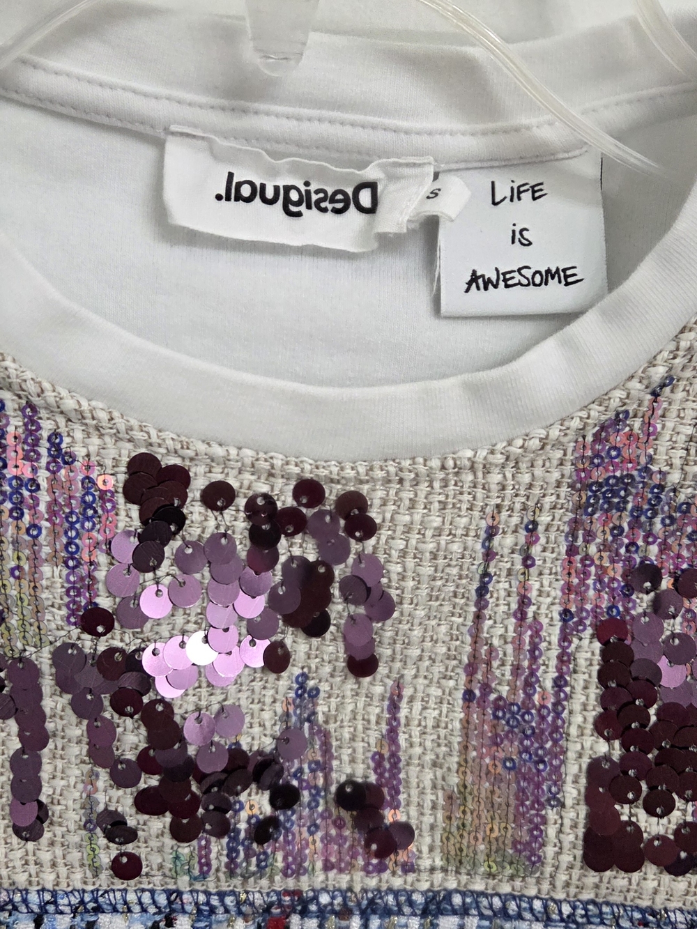 Desigual White Tank Top with Pink Sequin Yoke and Blue Woven Panel - Picture 5 of 8